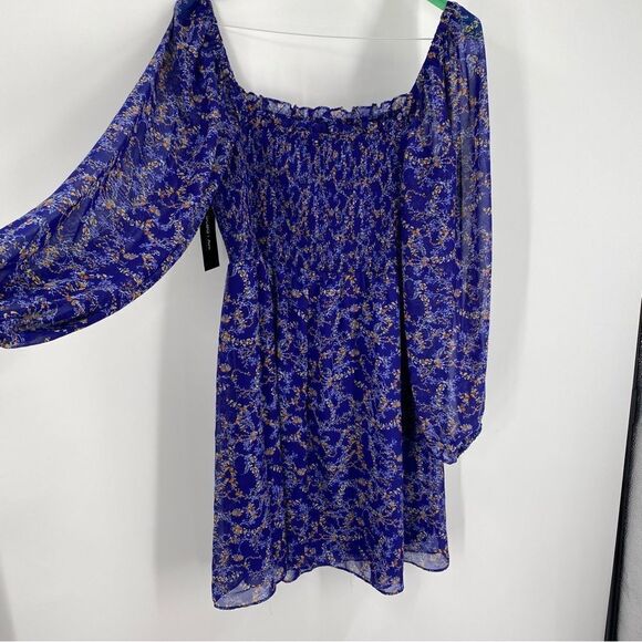 BCBG Paris Smocked Body Square Neck Long Sleeve Floral Mini Dress size XL 16-18 - Picture 5 of 7